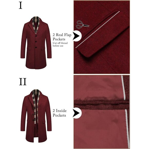 Mens Wine Red Trench Overcoat Wool Blend Coat with Detachable Single Breasted - Picture 6 of 6